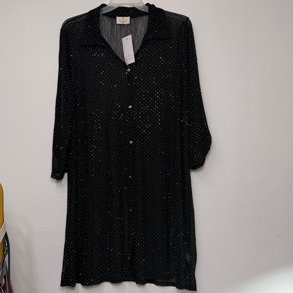 Black Mesh Overlay Tunic Dress Studded Rhinestone Button-Up Dress. - Picture 7 of 9